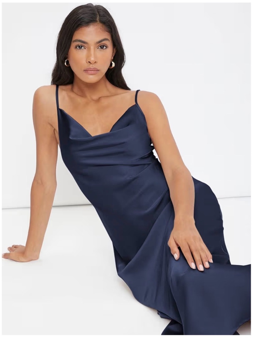 Satin Cowl Neck Slip Dress in Navy